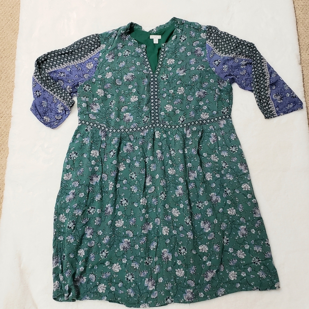J. Jill women's Sz L  V-neck Midi Dress Green & Blue Floral Boho - Picture 2 of 9